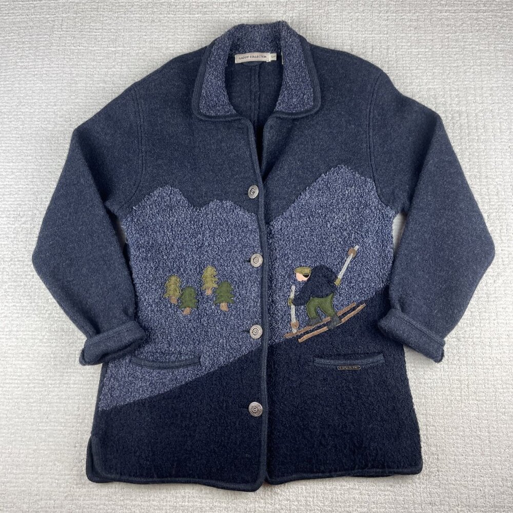 Vintage Sweater Jacket Womens Small Navy Blue Wool Fleece Nordic Ski Winter